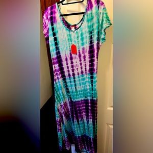 Purple/teal tie-dye short sleeve maxi dress